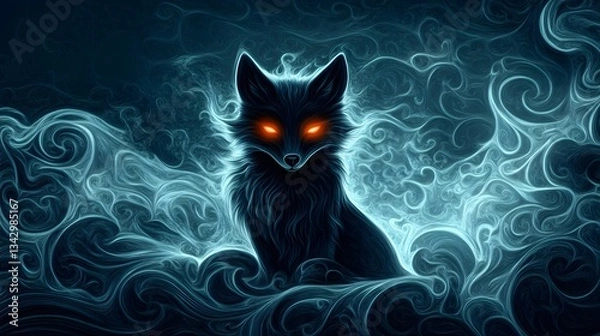 Fototapeta A shadowy fox with glowing red eyes, emerging from swirling dark mist in a gothic setting