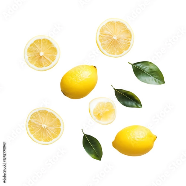 Obraz A scattering of lemons and leaves on a plain black background