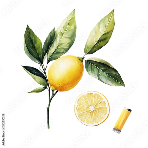 Obraz A watercolor painting of a lemon with leaves and a lemon slice