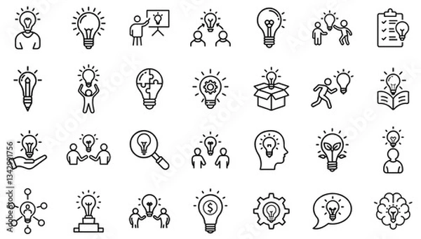 Obraz Creative Idea and Innovation Line Icons – Brainstorming, Lightbulb, Business Solutions, Problem-Solving, Startup, Thinking, Collaboration, and Creativity Icon Set