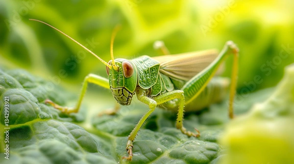 Fototapeta A green grasshopper on a cabbage leaf, a common agricultural pest affecting crops.