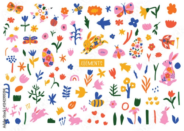 Fototapeta Hand drawn simple flat spring themed garden illustrations of flowers, bunny, bees, butterfly, easter egg in bright colors. Cut out shapes drawing for digital stickers, social media, icons and template
