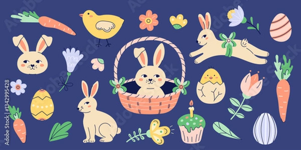 Fototapeta Happy Easter illustrations set With Bunnies, chickens and eggs. Happy Easter hand drawn card. Flat illustration with partial outline. Isolated vector illustration on dark background.