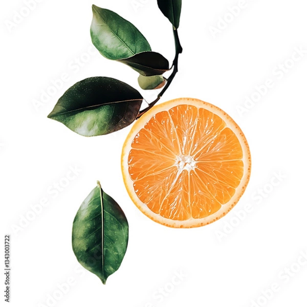 Obraz A sliced orange with green leaves on a plain black background