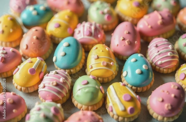 Fototapeta happy Easter. colorful Easter cookies in the shape of eggs on a gray background. home cooking. beautifully decorated pastries. view from above