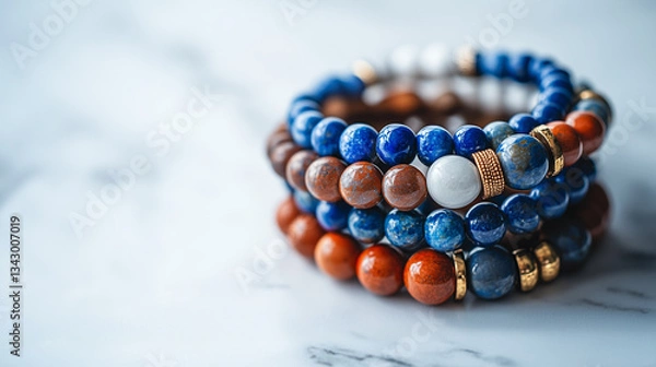 Fototapeta Stacked gemstone beaded bracelets with lapis lazuli and red jasper