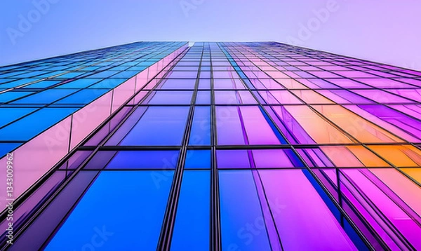 Fototapeta Modern skyscraper with colorful glass facade reflecting the sky at sunset in an urban setting