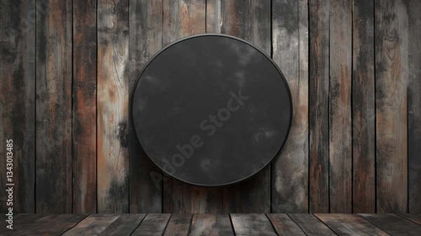 Fototapeta large blank dark gray chalkboard sign, affixed to a weathered, dark brown vertical wood plank wall with visible wood grain and slightly varying tones