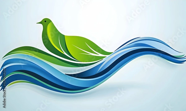 Fototapeta Stylized green bird gracefully gliding over flowing blue waves, symbolizing nature and tranquility
