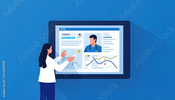Obraz Online healthcare illustration with doctor analyzing patient data on blue screen
