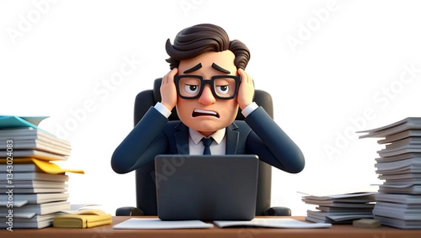 Fototapeta 3D cartoon man sits at a desk, overwhelmed by paperwork flying around him. clutches his head, Headache, looking stressed. work stress