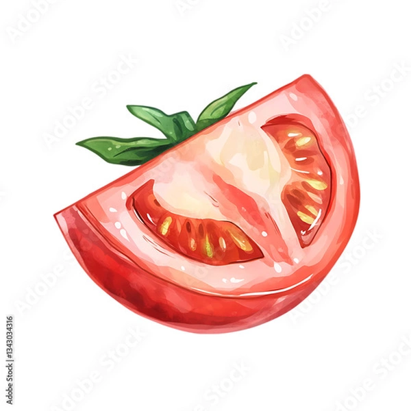 Obraz A watercolor illustration of a slice of tomato with green leaves