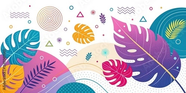 Fototapeta Vibrant tropical leaves and geometric patterns digital artwork abstract design colorful background creative aesthetic