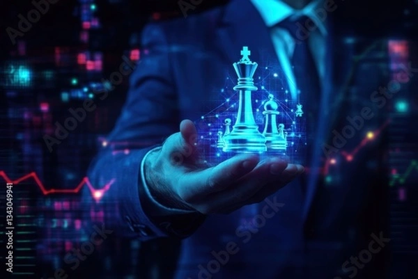 Fototapeta Businessman in Suit Holding Digital Chess Pieces with Stock Market Graphs, Symbolizing Strategic Decision-Making and Financial Planning