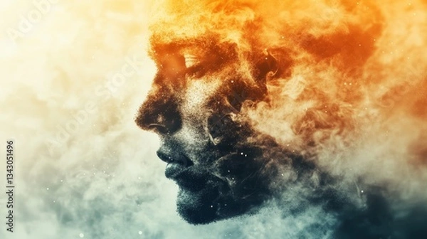 Fototapeta A man's face emerges from a swirling cloud of smoke and ash, creating a dramatic and ethereal image.