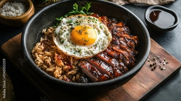 Fototapeta Trendy Scene of Filipino-style Pork Tocino in Rustic Setting: Tender Caramelized Pork with Garlic Fried Rice and Sunny-side-up Egg