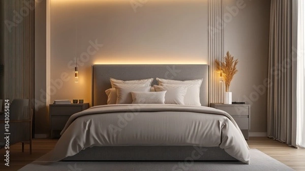 Obraz A minimalist bedroom featuring light taupe bedding, a gray upholstered headboard, and soft lighting creating a peaceful atmosphere