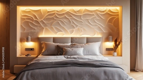 Fototapeta A modern bedroom with warm lighting from built-in headboard lights, highlighting simple bedding and a textured accent wall