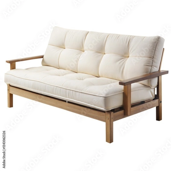 Fototapeta Stylish cream-colored sofa with wooden arms, perfect for a cozy living room setting.