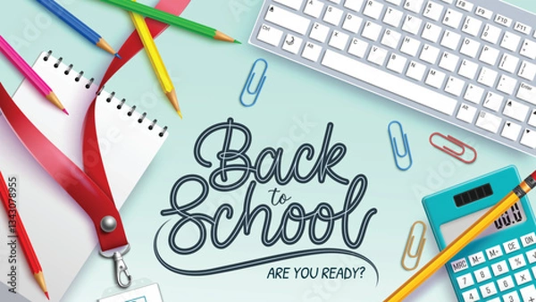Fototapeta Back to school vector background design. Back to school text with keyboard, notepad and calculator study elements for educational learning decoration. Vector illustration.
