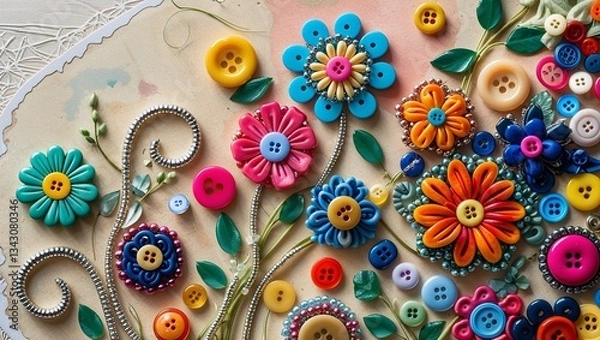 Fototapeta Handmade button craft of colorful flowers, gift for mom, vibrant and thoughtful expression of love
