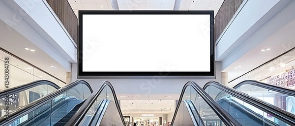 Fototapeta Large Digital Screen Display Above Escalators in Modern Shopping Mall Interior
