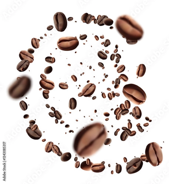 Fototapeta Falling coffee beans isolated on transparent background. Flying defocusing coffee grains. Applicable for cafe advertising, package.energy, freshness.Mesh gradient wes used