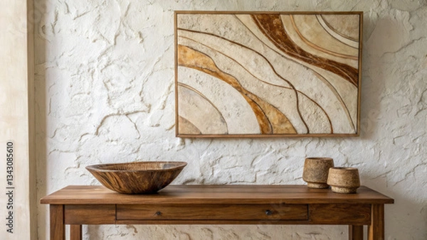 Obraz Textured white and brown plaster wall featuring abstract art, complemented by a wooden bowl on an elegant table, creating a sophisticated, minimalist, and earthy interior design composition.