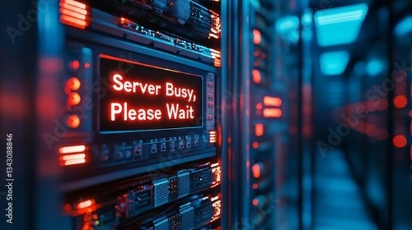Fototapeta A modern, fully functional data center, with an illuminated server rack warning: "Server Busy, Please Wait," reflecting real-time network delays