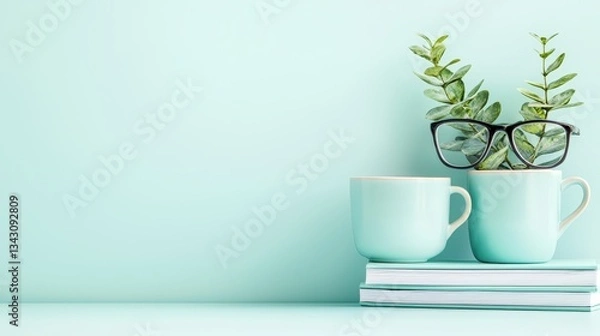 Fototapeta A policy booklet on financial inclusion, modern desk, copy space above,