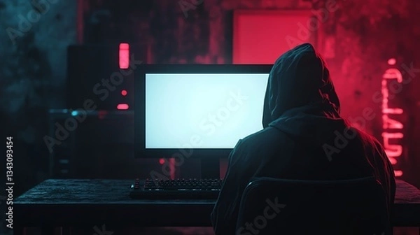 Fototapeta Hooded Figure Working at Computer in Dark Room with Neon Lights