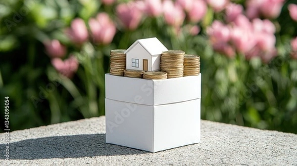Fototapeta A stack of coins forming a small house shape, symbolizing savings for real estate investments, copy space for marketing text,