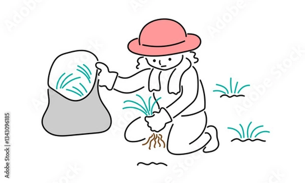 Fototapeta 草むしりをする女性のイラスト