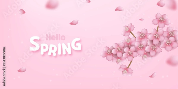 Fototapeta Spring flower background with a cute fluttering cherry blossom