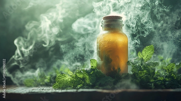 Obraz Ethereal smoke around amber potion, vibrant mint leaves mystique, enchanting herbal scene, magical elixir still life