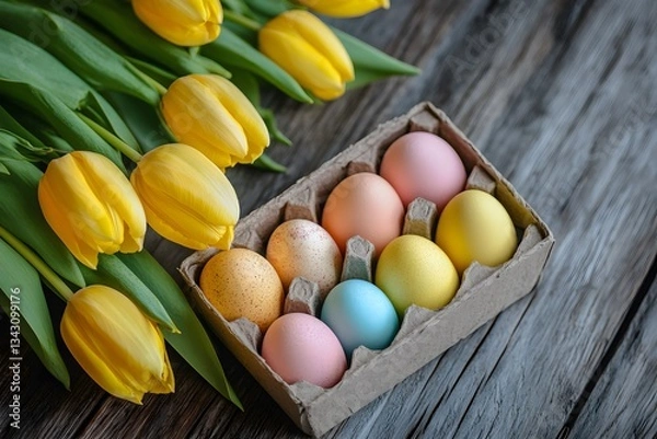 Fototapeta Colorful Easter eggs in a paper box and yellow tulips on a wooden table.