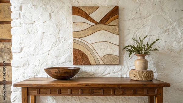 Obraz Textured white and brown plaster wall featuring abstract art, complemented by a wooden bowl on an elegant table, creating a sophisticated, minimalist, and earthy interior design composition.