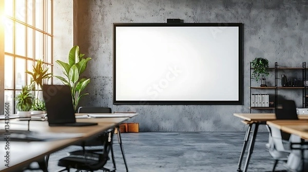 Fototapeta Modern Office Space with Interactive Screen and Natural Sunlight