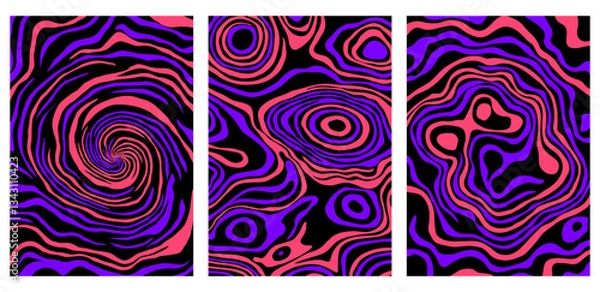 Fototapeta Psychedelic abstract background set featuring wavy, fluid patterns in neon pink, purple, and black. Perfect for posters, album covers, fashion prints, and digital art