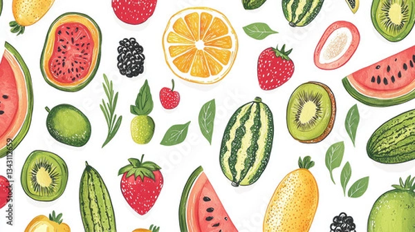 Fototapeta Fresh summer fruits create vibrant and colorful texture, showcasing variety of berries, melons, and citrus. This lively arrangement evokes joyful and refreshing atmosphere