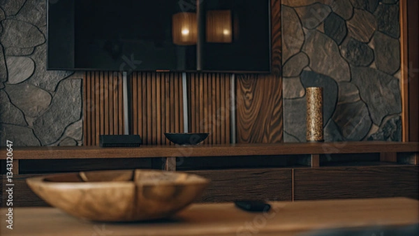 Fototapeta White and brown textured wall with modern abstract art, paired with a sleek wooden table and rustic bowl, creating a stylish, contemporary interior with an organic and warm ambiance.