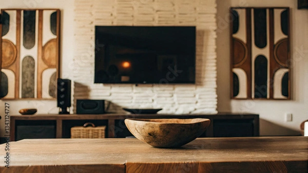 Fototapeta White and brown textured wall with modern abstract art, paired with a sleek wooden table and rustic bowl, creating a stylish, contemporary interior with an organic and warm ambiance.