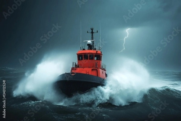 Fototapeta Struggling against nature's fury, a courageous tugboat battles relentless waves in a stormy ocean as lightning illuminates the sky Generative AI