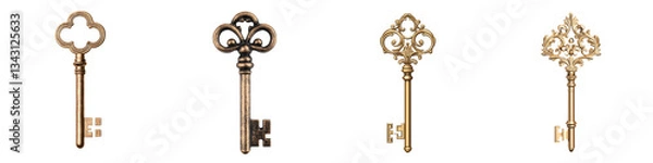 Fototapeta Collection of intricate ornamental vintage and antique style metallic keys displayed as decorative accents or collectibles