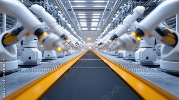 Obraz AI-powered automated factory with robotic arms and smart machinery.
