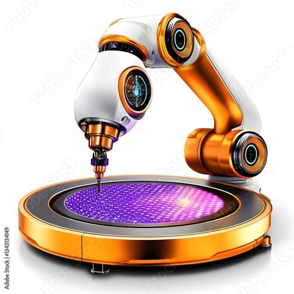 Fototapeta A sophisticated industrial robot arm meticulously works on a microchip circuit board autonomously within a futuristic smart factory environment showcasing advanced automation