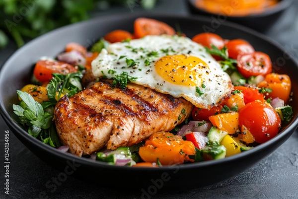 Fototapeta Delicious grilled salmon with fresh vegetables and egg