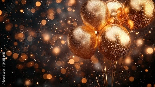 Obraz Golden balloons with glitter and bokeh background celebrating a festive occasion