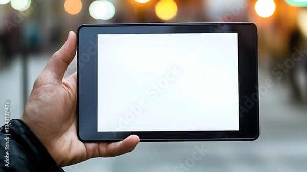 Fototapeta Tablet Device with Blank Screen Held by a Hand in Urban Setting