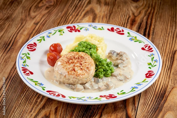 Fototapeta mashed potato with cutlet and sauce